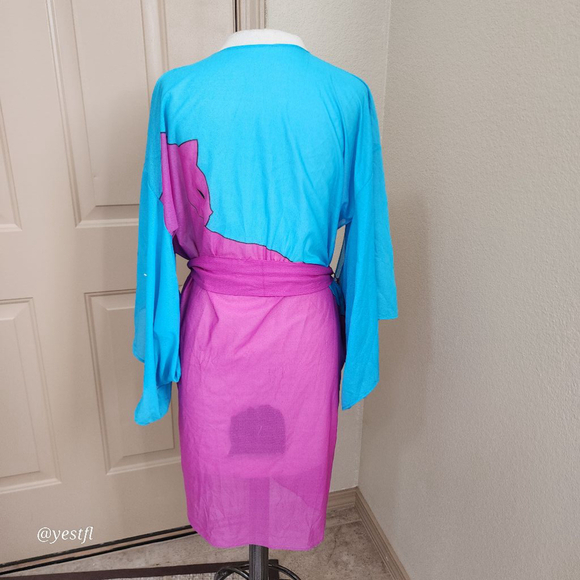 Vintage fun cat blue and pink Kimono robe FLAWED whimsy fairy - Picture 3 of 8